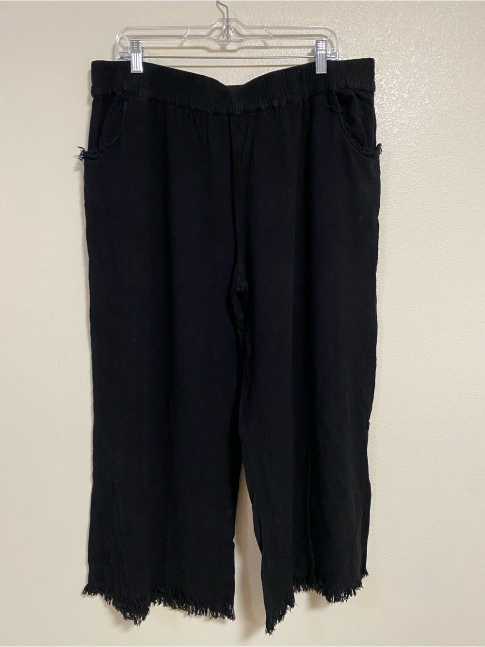 Umgee + Pants Women size 2XL Black Wide-Leg Frayed Hem Pants Linen Cotton Blend